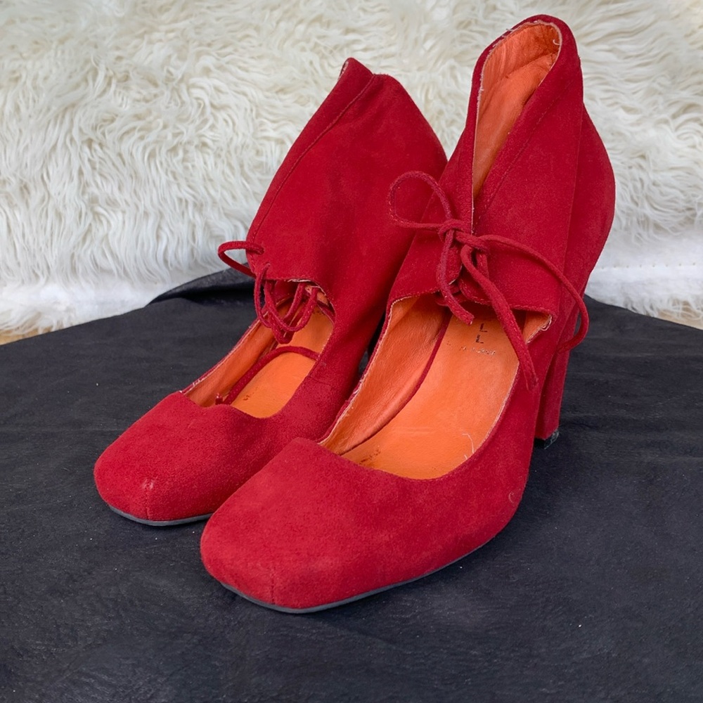 Jeffrey Campbell Women's Lene Red Suede Laced Pump Stacked Heel Size 9.5 M Shoes